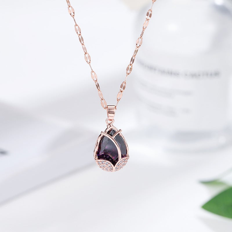 Golden Tulip Titanium Steel Necklace Female Fashion Clavicle Necklace Trendy Female Micro Inlaid Cat'S Eye Stone Full Diamond Accessories