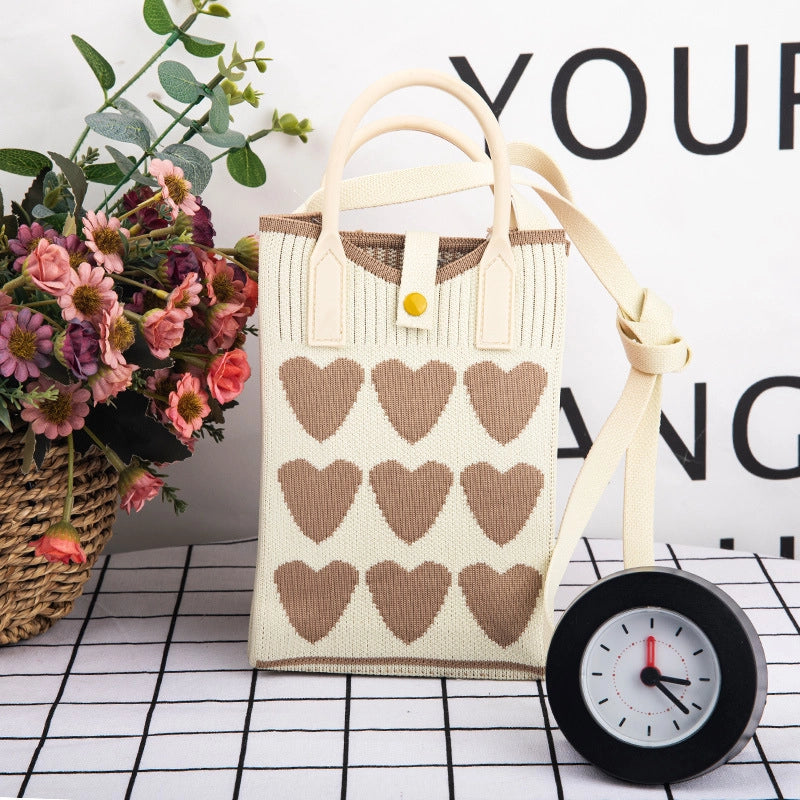 Women's Polyester Stripe Heart Shape Cat Cute Classic Style Weave Sewing Thread Square Open Straw Bag