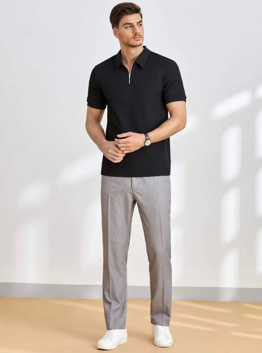 BLACK MEN SOLID QUARTER ZIP POLO SHIRT