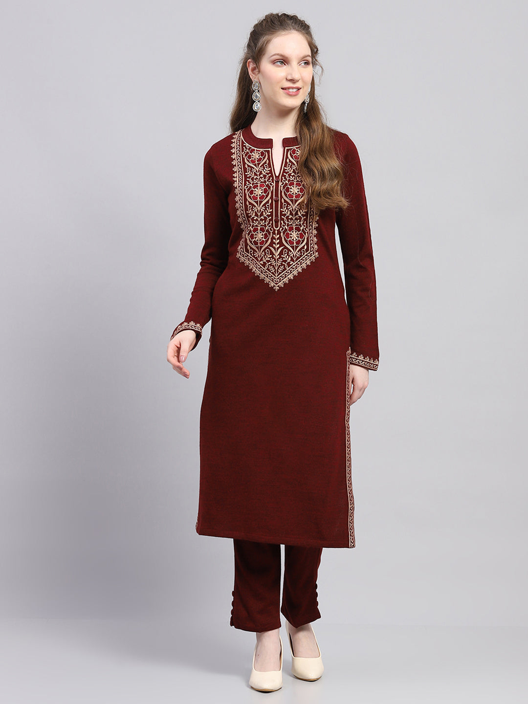 Women Maroon Embroidered Round Neck Full Sleeve Kurti Set for Winter