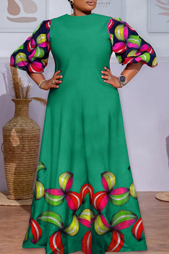 Elegant Round Neck Casual Loose Printed Maxi Dress