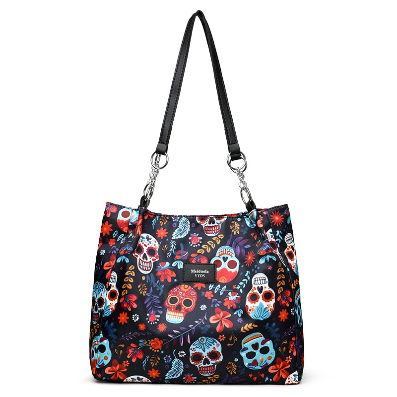 Halloween Women's Medium Pu Leather Skull Streetwear Square Zipper Tote Bag