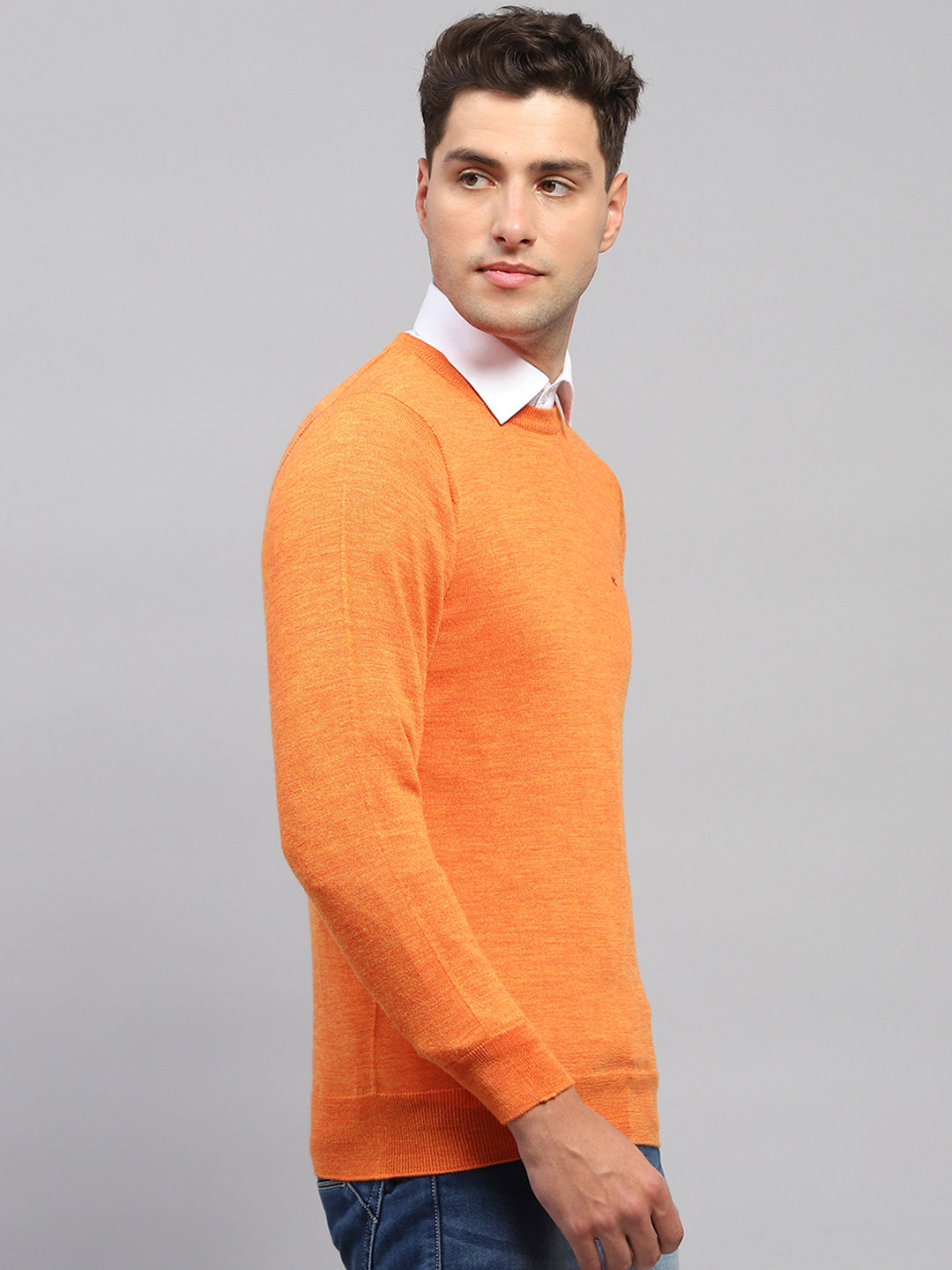 Men Orange Solid Round Neck Full Sleeve Pullover