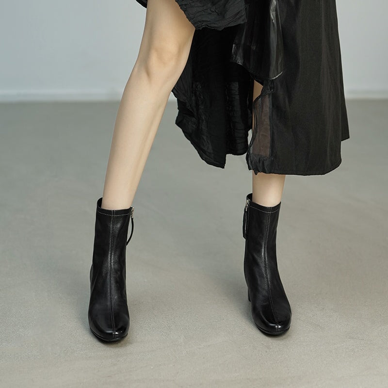 Horse Leather Western Boots Short Boots Side Zip For Women In Black/Brown/Apricot