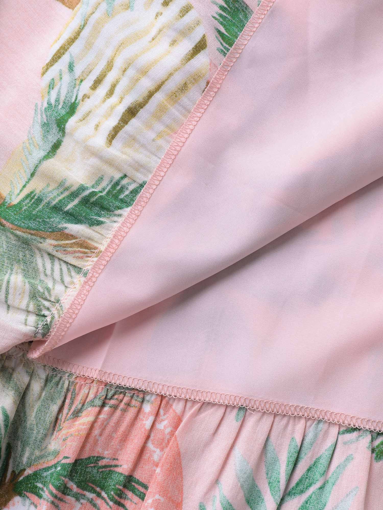 Tropical Print Cinched-Waist Pockets Midi Dress