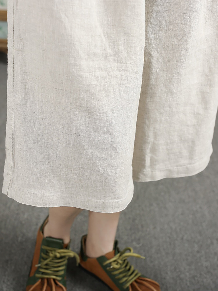 Women Summer Pure Color 100%Linen Wide-leg Fifth Pants