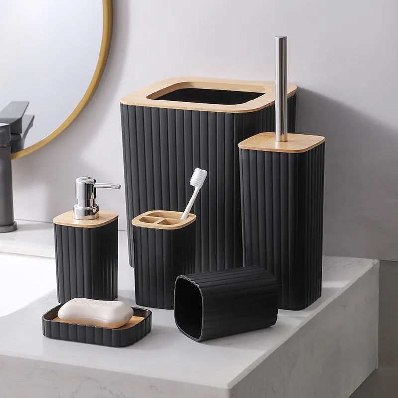 Eco-friendly  Bamboo Plastic Bathroom Sets Luxury vanity Household Items Modern Washroom Toilet Bathroom Accessories Set