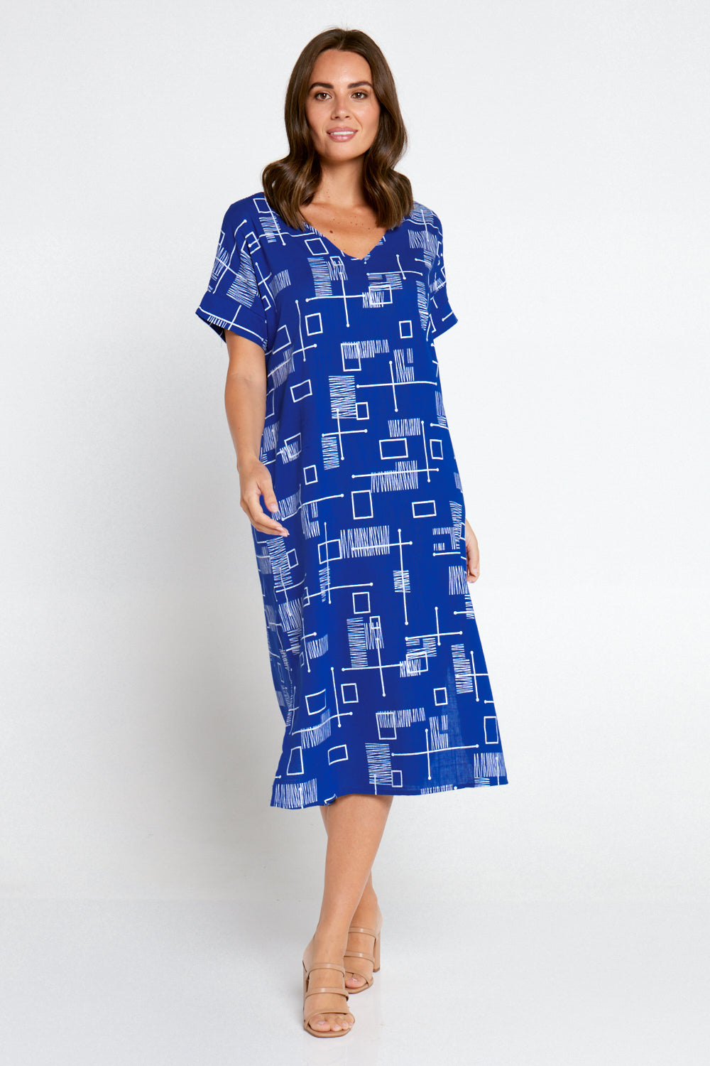 Esiteri Linen Dress - Royal Blue Geo