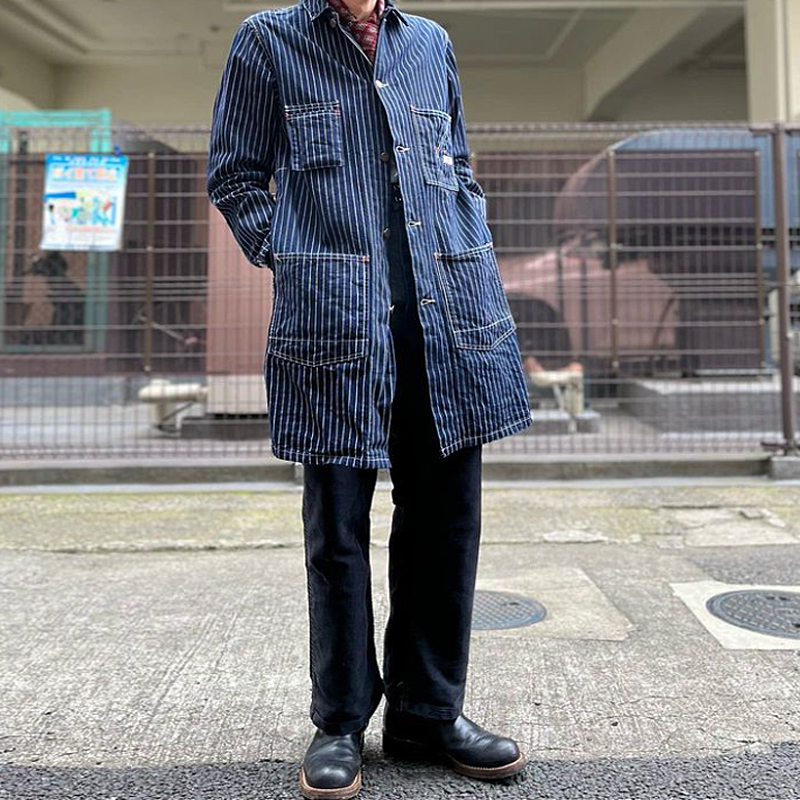 Vintage Striped Denim Mid Length Trench Jacket