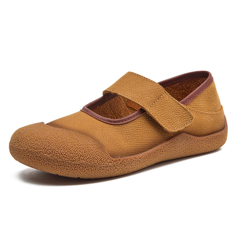 Soft Leather Mary Jane Shoes Rubber-toe Casual Flats with Velcro Strap in Yellow Brown