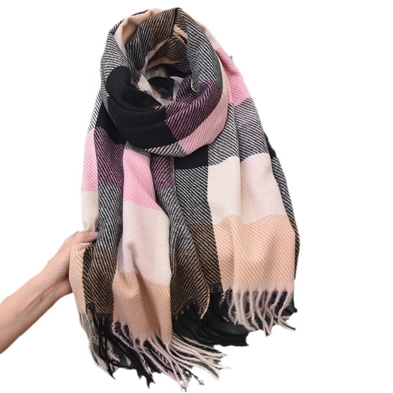 Women's Classic Style Plaid Imitation Cashmere Tassel Scarf