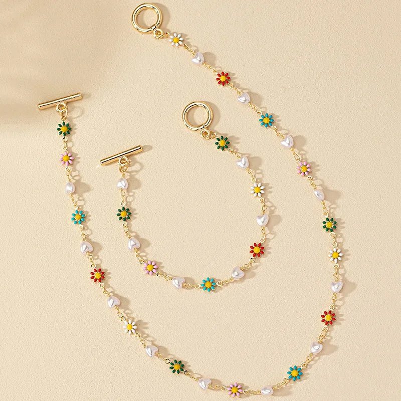 Dainty Spring Floral Pearls Bracelet and Necklace Set