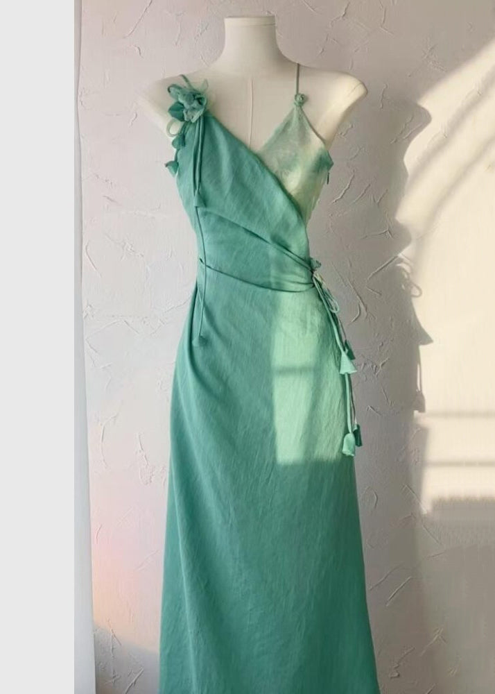 Floral Green Asymmetrical Lace Up Cotton Long Dress Sleeveless