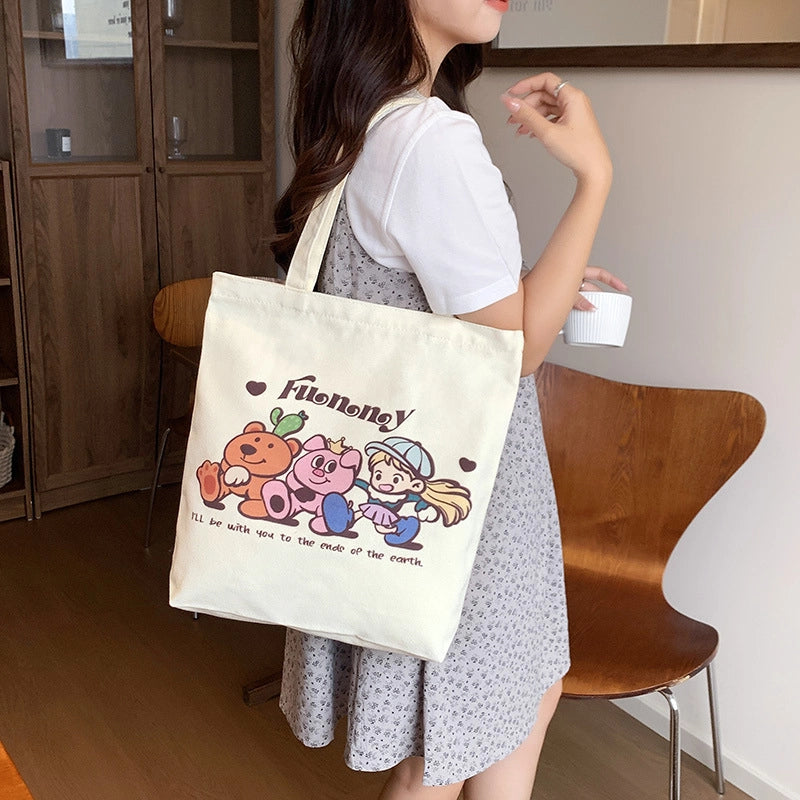 Women's Medium Canvas Cartoon Cute Square Zipper Shoulder Bag