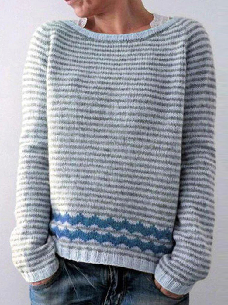 Vintage Stripe Jacquard Round Neck Long Sleeve Sweater