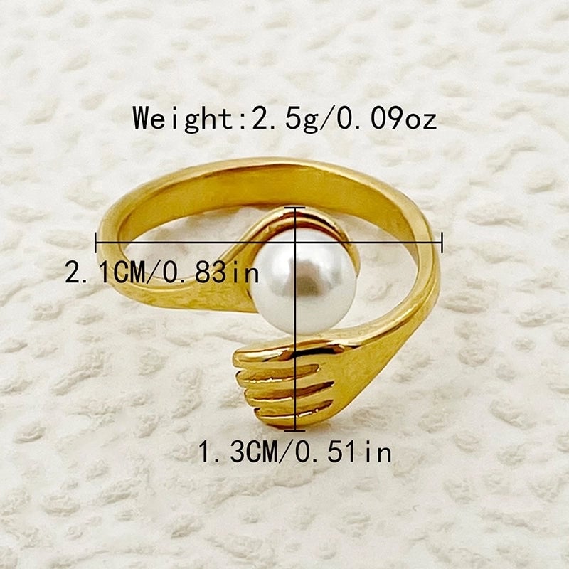 Elegant Baroque Style Modern Style Round Palm 304 Stainless Steel Pearl 14K Gold Plated Asymmetrical Inlay Rings