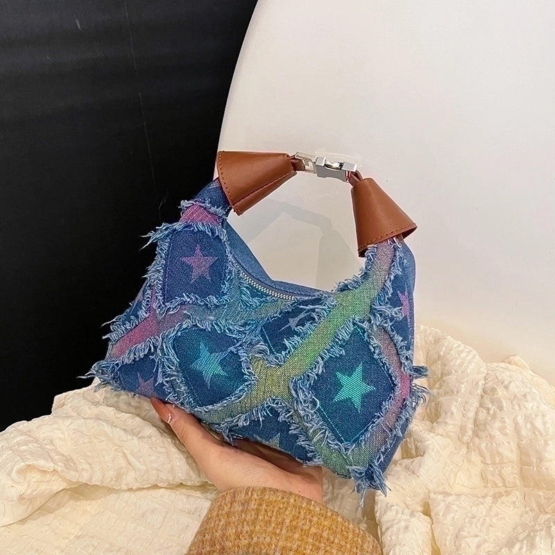 Women's Denim Star Vintage Style Dumpling Shape Zipper Shoulder Bag Handbag Crossbody Bag
