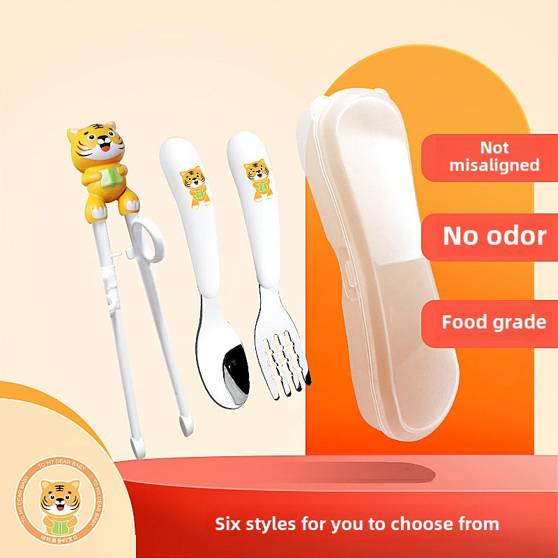 Portable Feeding Children's Tableware Set Cartoon Learning Chopsticks Training Chopsticks 304 Stainless Steel Spoon Fork