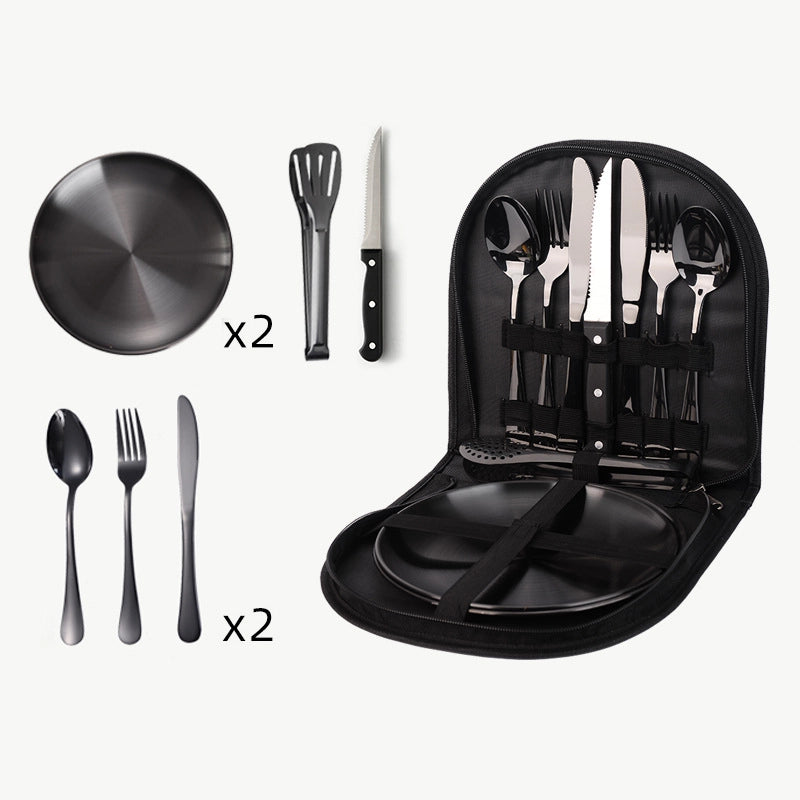 Outdoor Travel Stainless Steel Tableware Camping Picnic Barbecue Plate Clip Steak Knife. Fork And Spoon Suit Portable Storage Bag