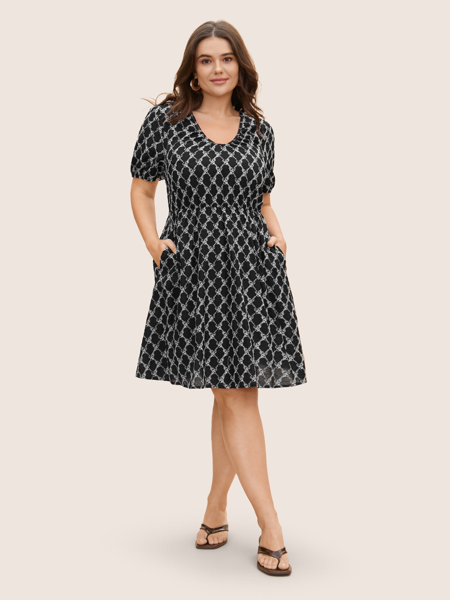 U Neck Geometric Tie Knot Puff Sleeve Dress