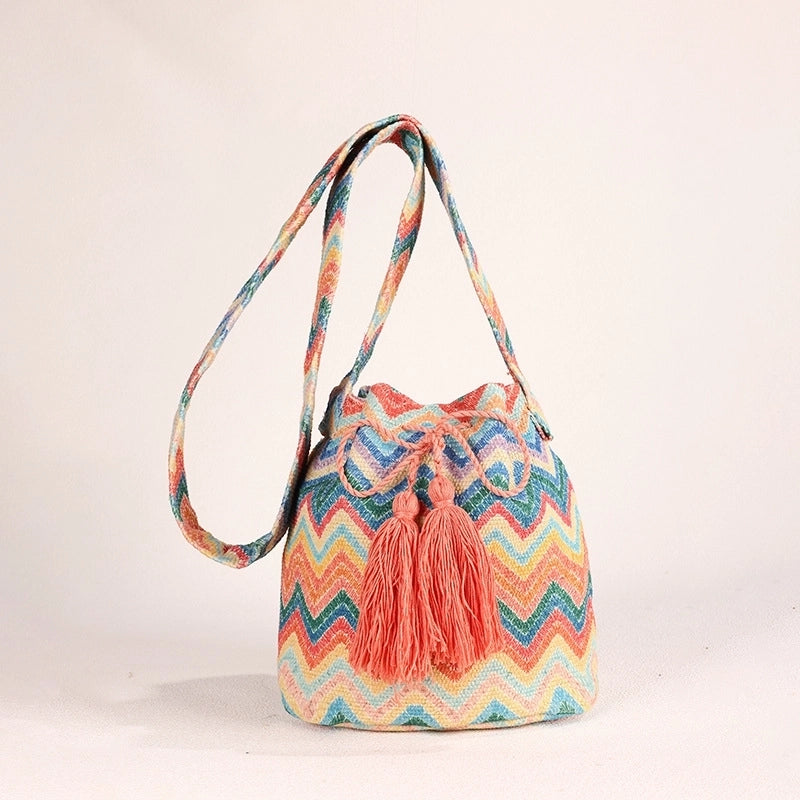 Women's Medium Canvas Geometric Ethnic Style Bucket Open Bucket Bag