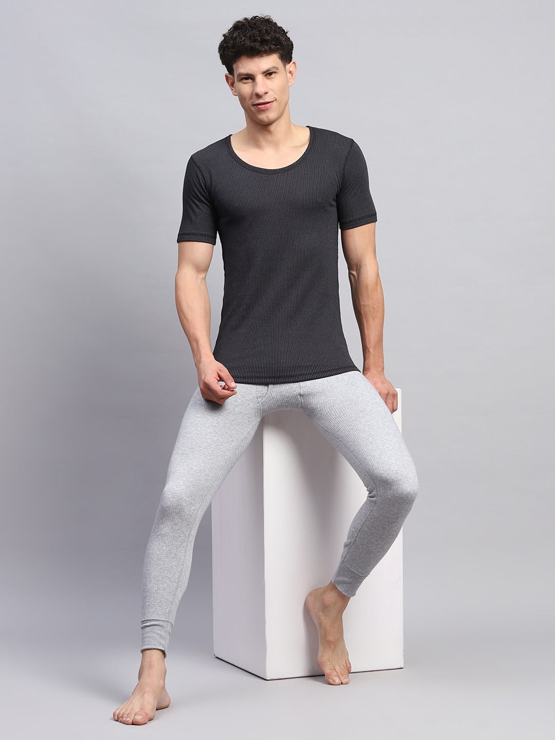 Men Grey Solid Thermal Lower