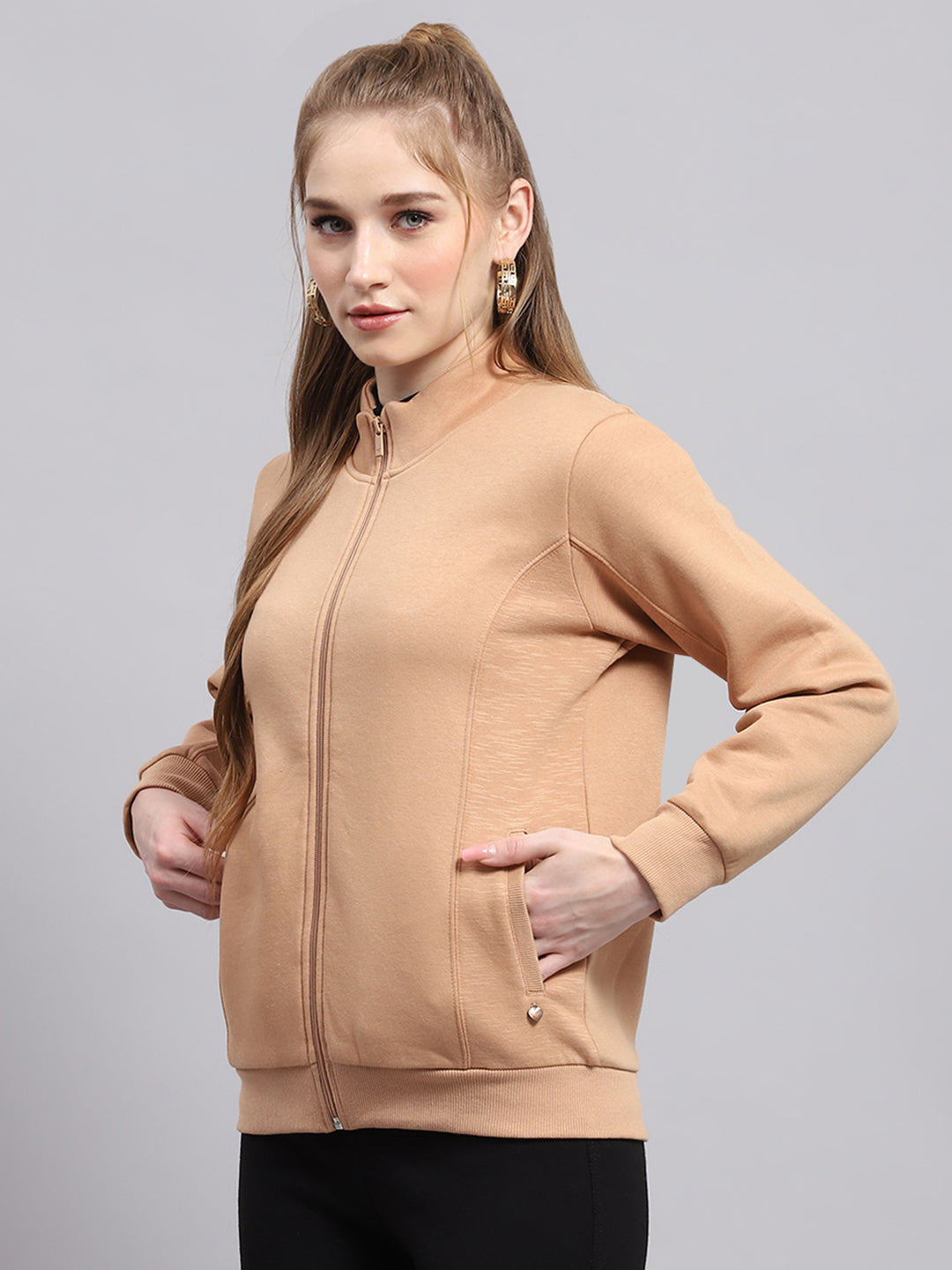 Women Peach Solid Mock Neck Full Sleeve Sweatshirt