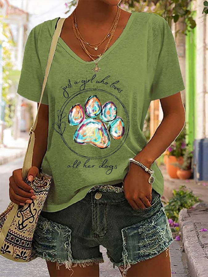 Women's Paws Just A Girl Who Loves All Her Dogs Print Casual T-Shirt