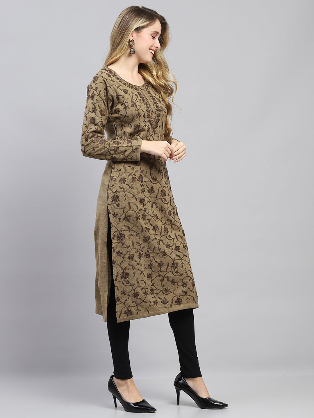 Women Khaki Woven Design Round Neck Full Sleeve Winter Kurti