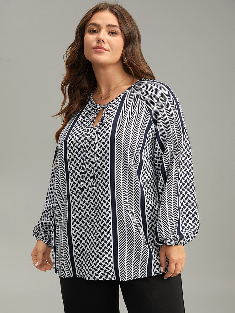 Geo Striped Tie Lantern Sleeve Blouse