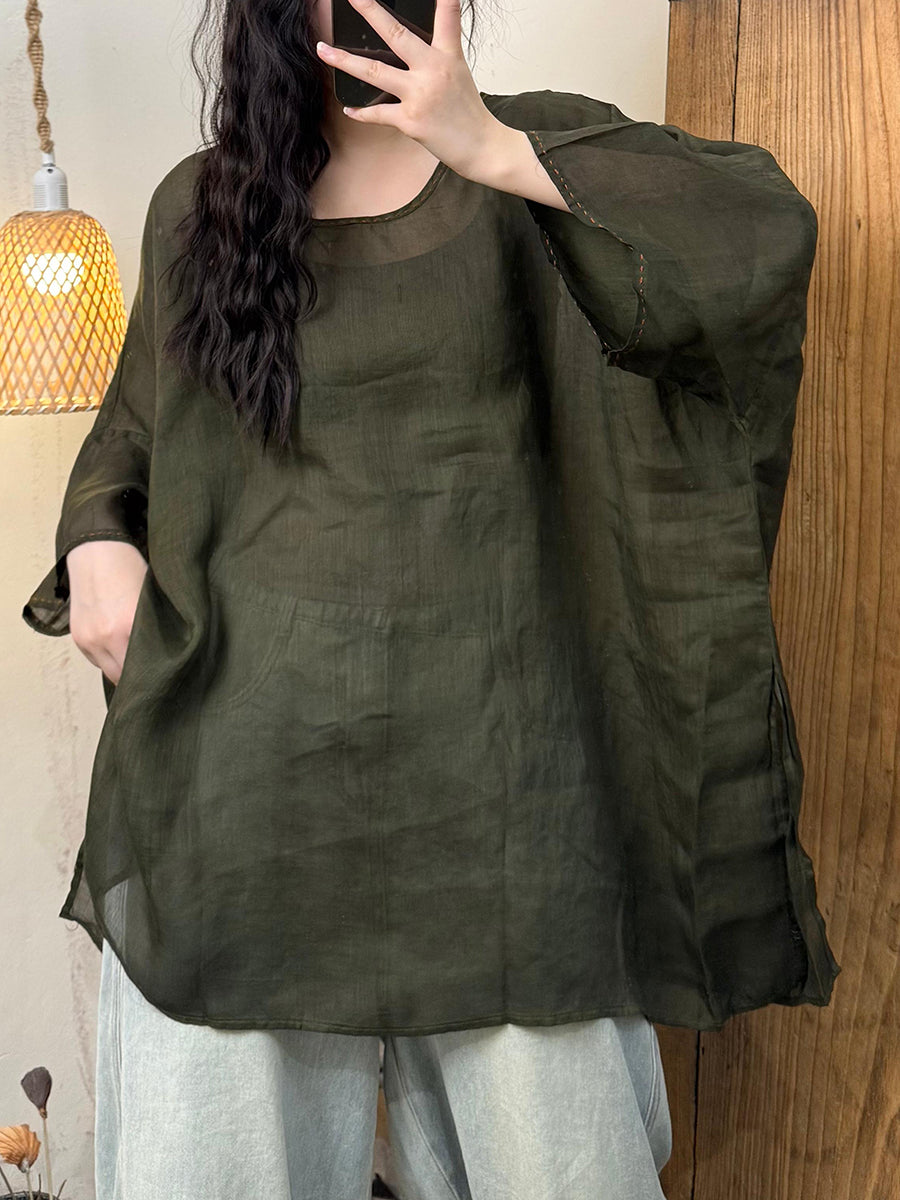 Women Summer Vintage Pure Color O-Neck Ramie Shirt