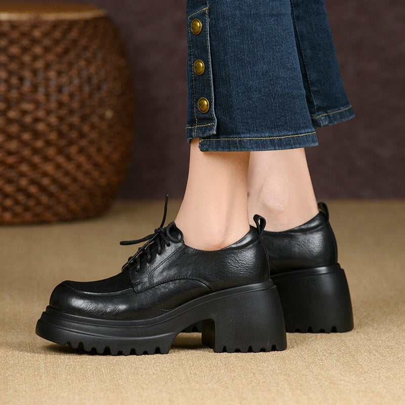 British Style 75mm Chunky Platform Leather Lace-Up Oxford Shoes in Black/Brown