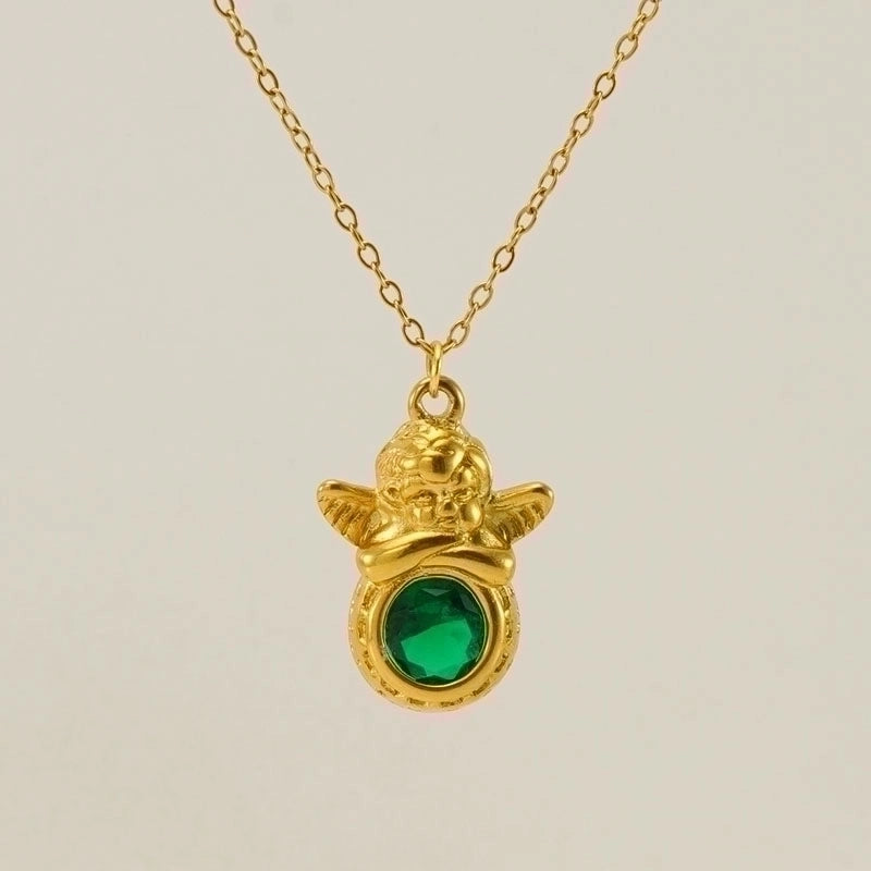 Stainless Steel 18K Gold Plated Retro Plating Inlay Oval Eye Gem Pearl Pendant Necklace Long Necklace