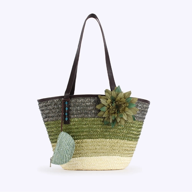 Women's Large Straw Color Block Vacation Beach Weave Bucket Zipper Beach Bag