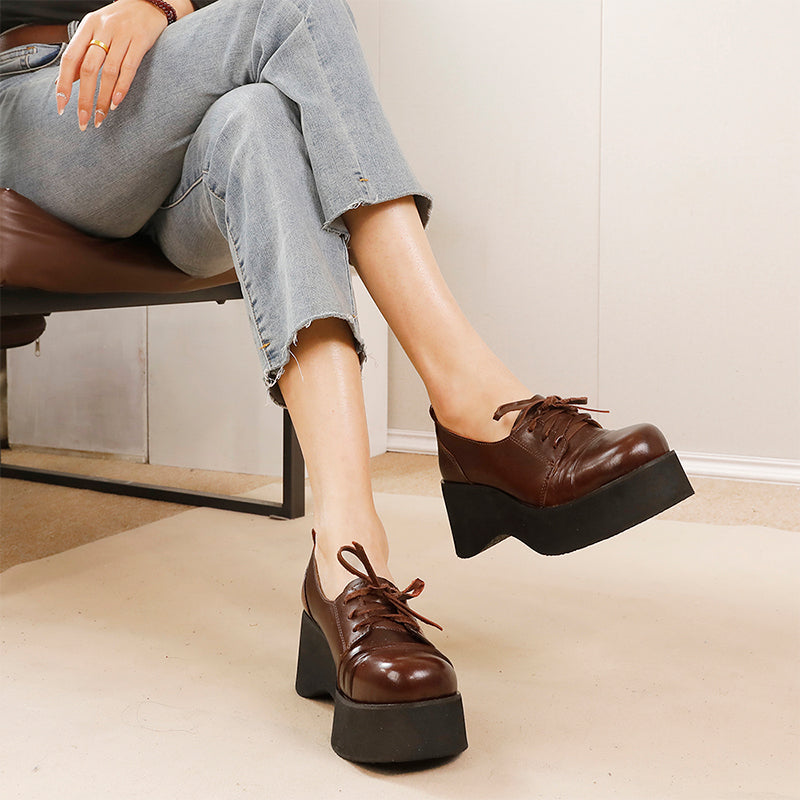 British Style 60mm Horse Leather Chunky Heel Lace-up Platform Oxford Shoes in Black/Coffee