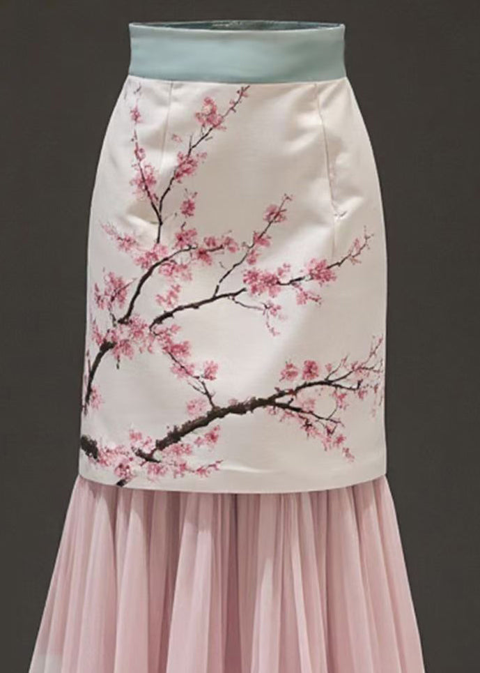 Fashion Pink Print False Two Pieces Chiffon Patchwork Skirts Summer