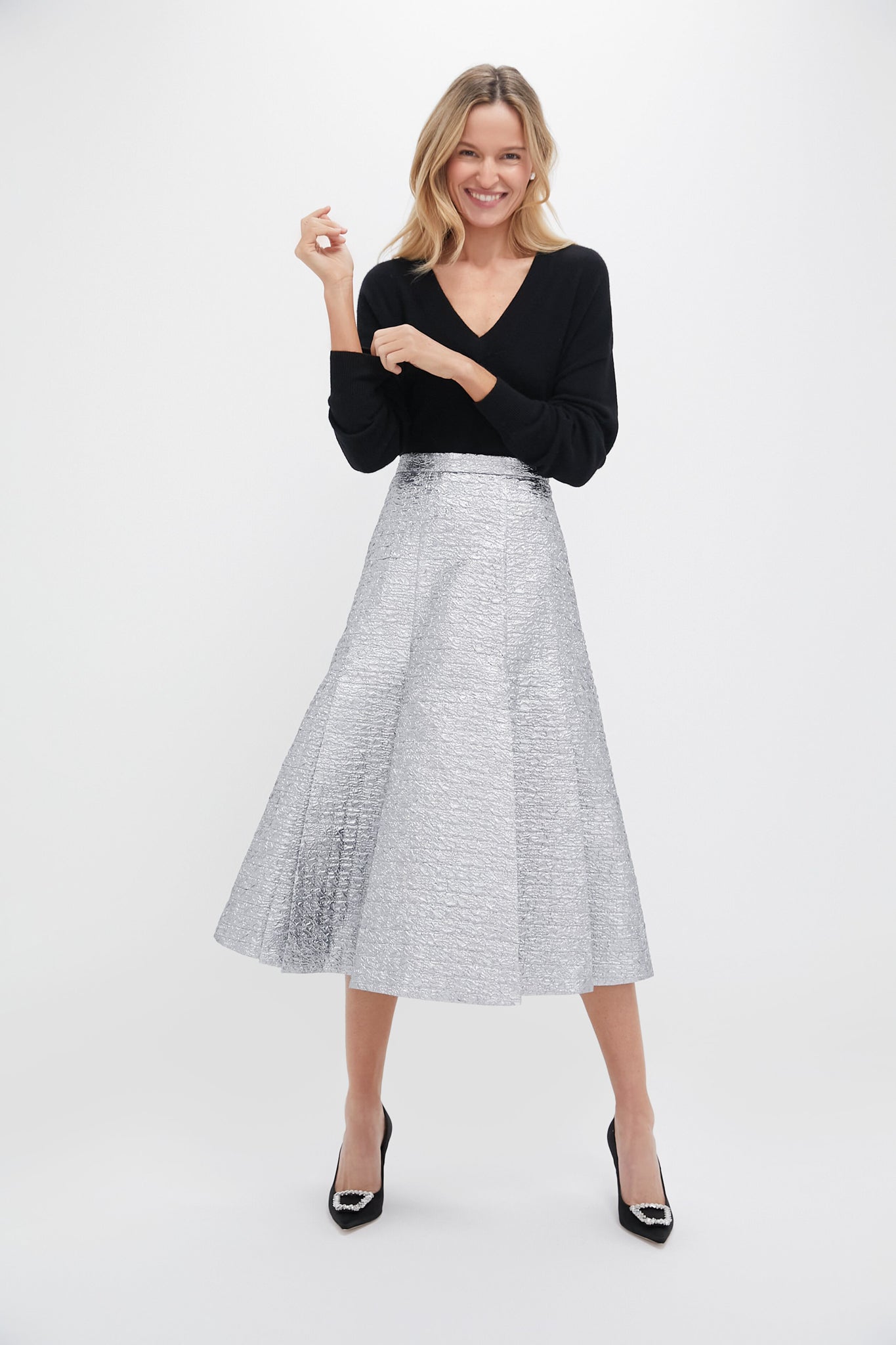 Silver Metallic Seersucker Kensie Skirt