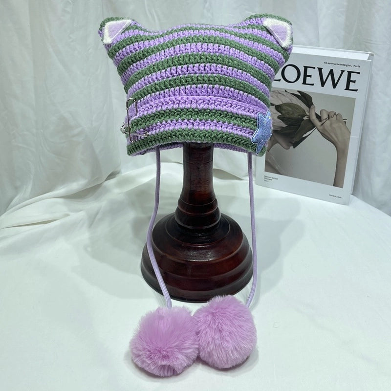Japanese Style Cute Little Devil Cat Ear Fur Ball Wool Hat Women's Autumn And Winter Warm Small Face Ear Protection Knitted Hat