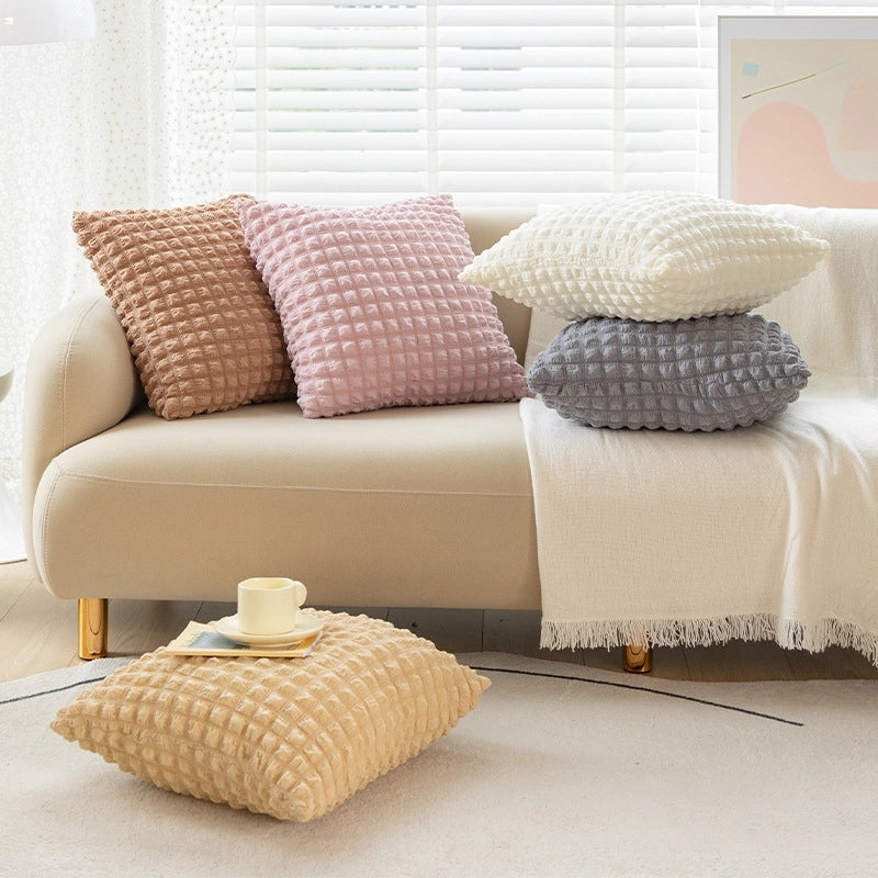 Cream Style Pillow Home Sofa Cushion Simple Solid Color Elastic Puff Plaid Pillow Case Bedside Pillow
