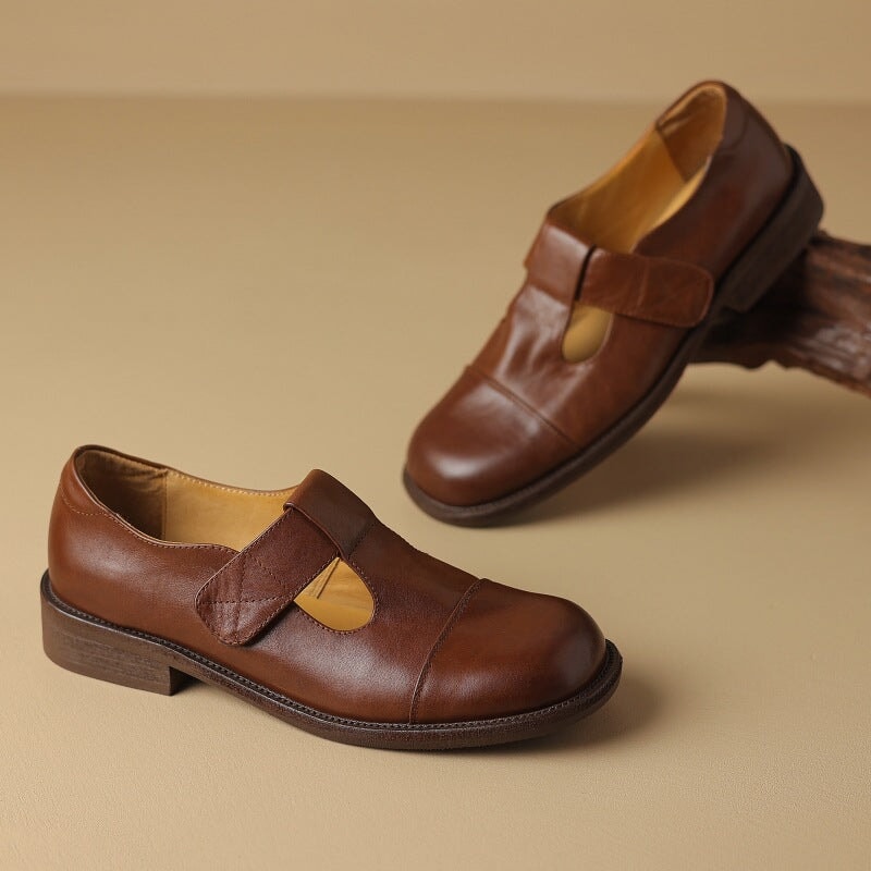Vintage Leather T-strap Mary Jane Shoes For Women Round Toe in Coffee/Brown