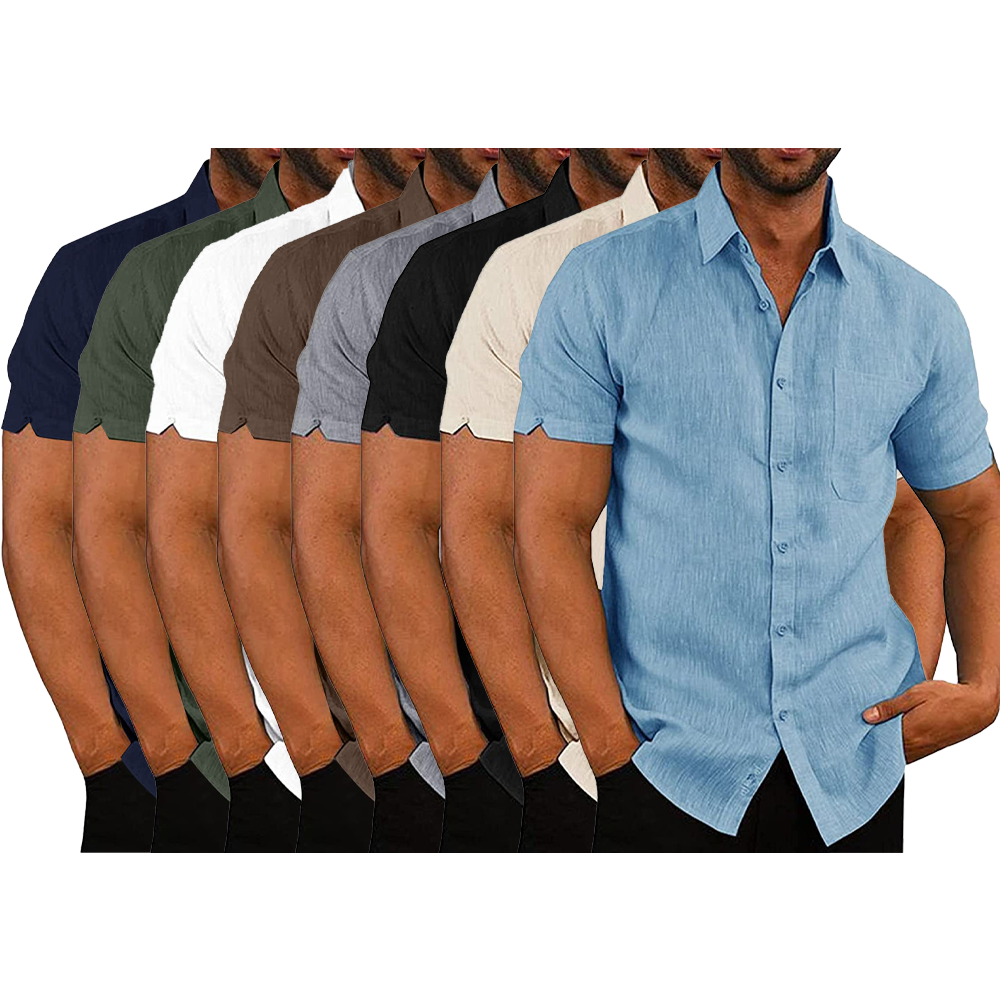 8-pack Mens Linen Shirts Short Sleeved Shirts Button Down Cotton Summer Casual Loose Fit Shirt Tops