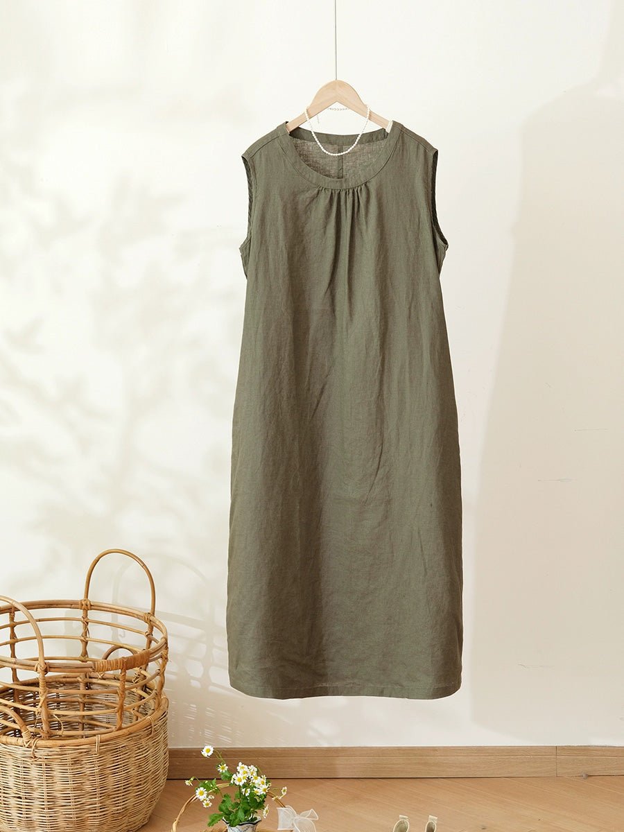 Women Summer Casual Pure Color 100%Linen Vest Dress