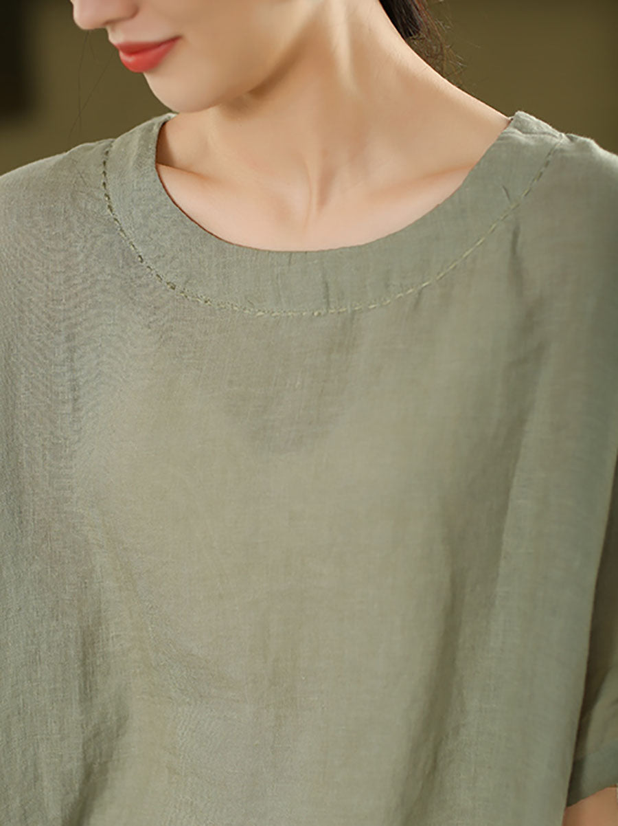 Women Summer Retro Pure Color O-Neck 100%Linen Shirt