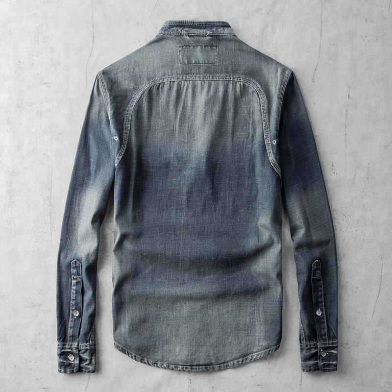 Vintage Stand Collar Denim Long Sleeve Shirt