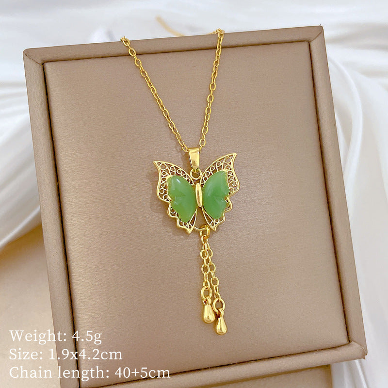 Green Butterfly Tassel Gorgeous Full Diamond Necklace Women'S All-Match Clavicle Chain Titanium Steel Chain