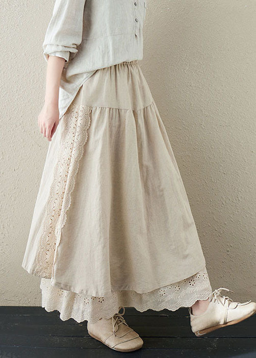Linen Color Patchwork Linen Fake Two Piece Skirts Wrinkled Embroidered Summer