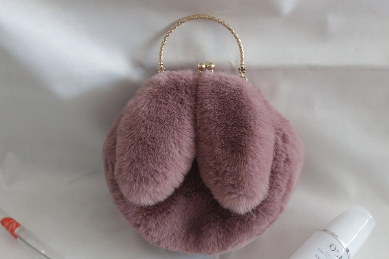 Women's Plush Rabbit Solid Color Cute Round Lock Clasp Handbag Crossbody Bag
