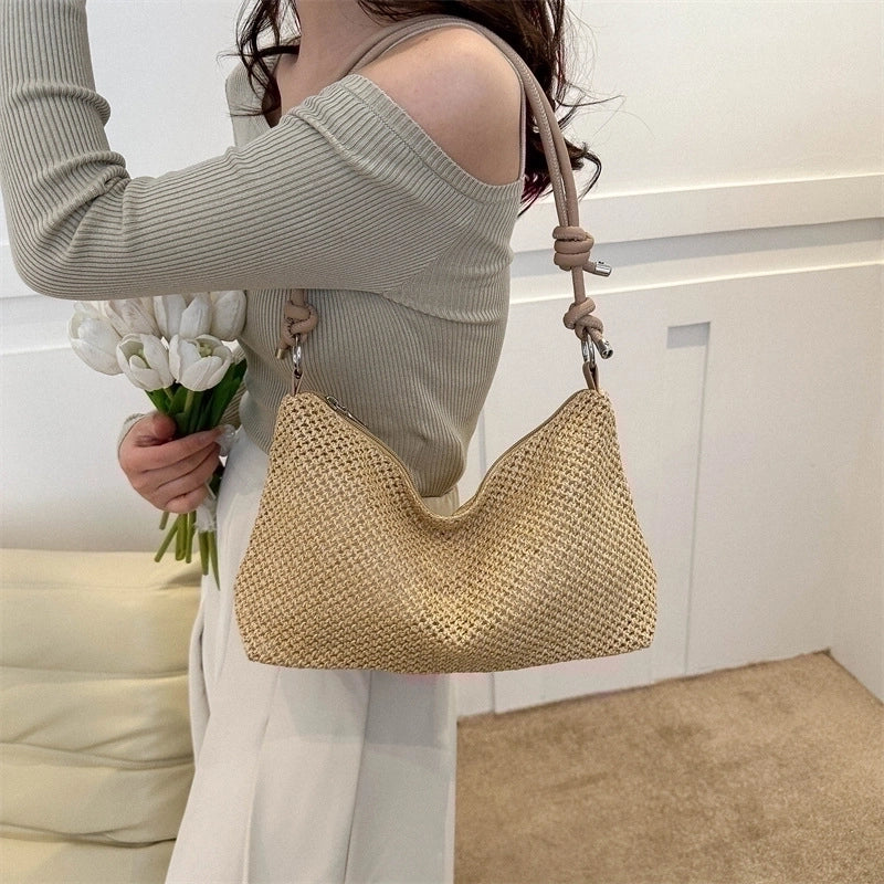 Women's Medium Straw Solid Color Classic Style Square Zipper Shoulder Bag