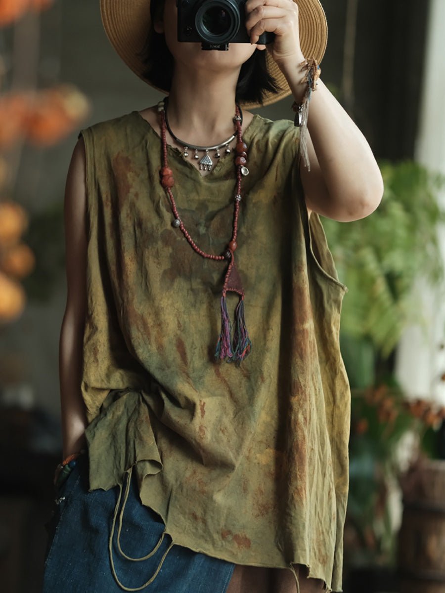 Women Summer Retro Tie-dye V-Neck Cotton Vest