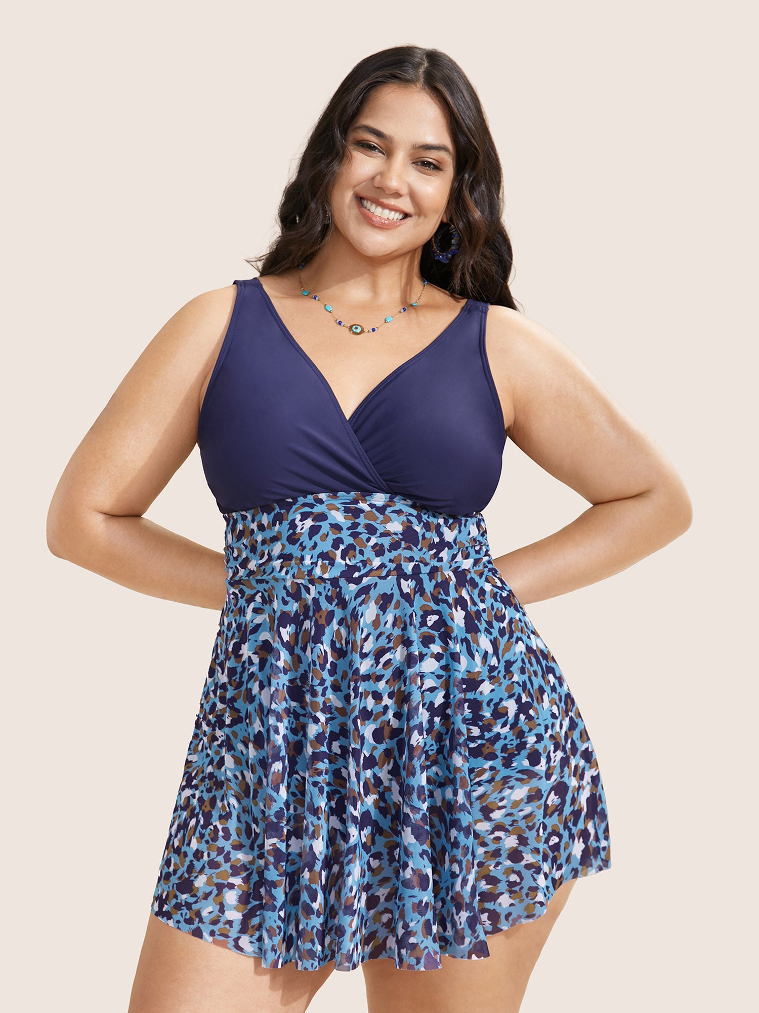 V Neck Leopard Print Patchwork Swim Dress